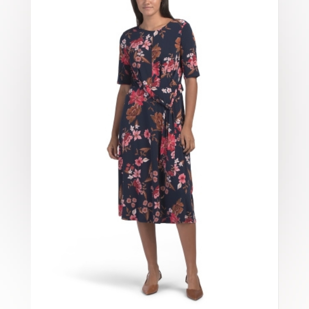 NWT-London Times Navy/Red Floral Elbow Sleeve Side Tie Fit & Flare Midi Dress-14 - Picture 1 of 16